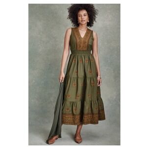 Pure J Jill Embroidered Smocked Tiered Sleeveless Maxi Dress Olive Green P Large